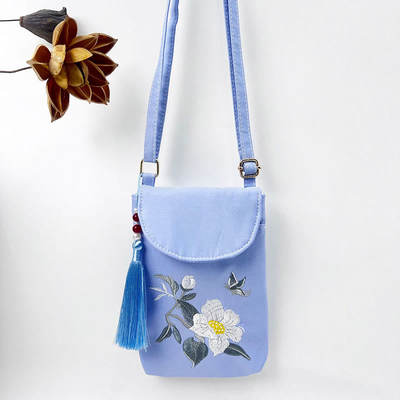 Buddha Stones Small Embroidered Flowers Crossbody Bag Shoulder Bag Double Layer Cellphone Bag - Blue Camellia 13.5*19.5*2.5cm - image 35