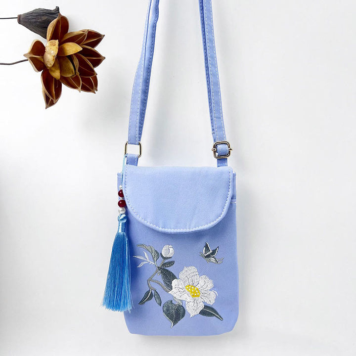 Buddha Stones Small Embroidered Flowers Crossbody Bag Shoulder Bag Double Layer Cellphone Bag - Blue Camellia 13.5*19.5*2.5cm - image 35