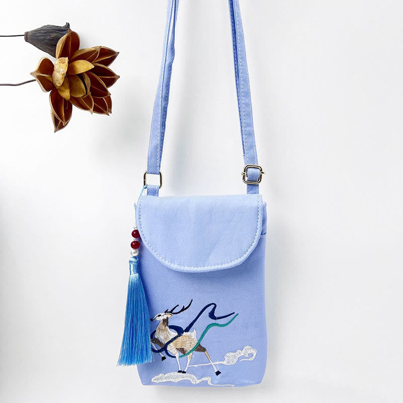 Buddha Stones Small Embroidered Flowers Crossbody Bag Shoulder Bag Double Layer Cellphone Bag - Blue Fairy Deer Stepping On The Clouds 13.5*19.5*2.5cm - image 40