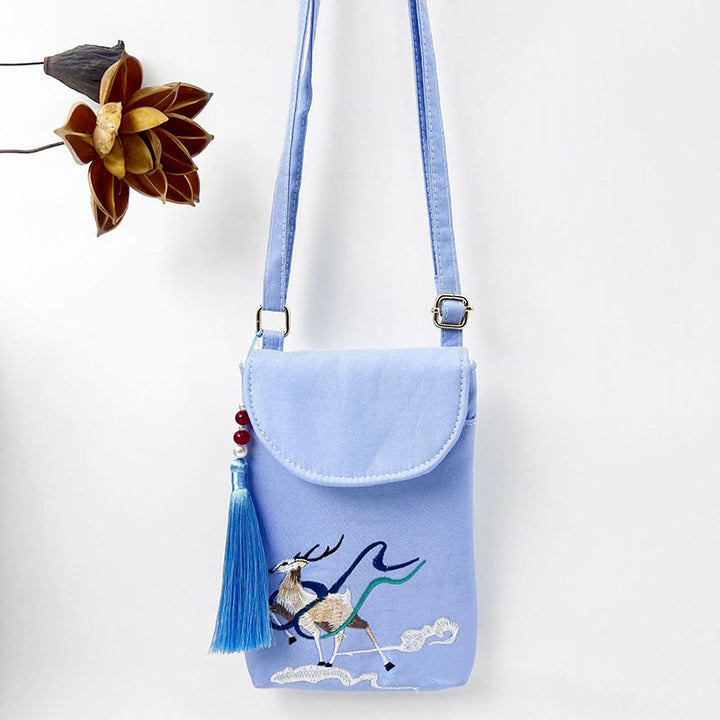 Buddha Stones Small Embroidered Flowers Crossbody Bag Shoulder Bag Double Layer Cellphone Bag - Blue Fairy Deer Stepping On The Clouds 13.5*19.5*2.5cm - image 40