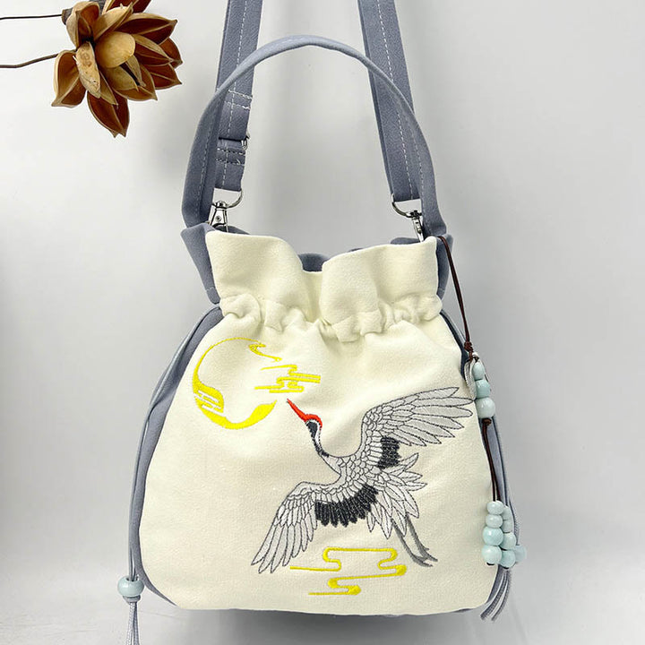 Buddha Stones Embroidered Butterfly Lotus Magnolia Cotton Linen Tote Crossbody Bag Shoulder Bag Handbag - Blue Beige Crane 20*20*7cm - image 25