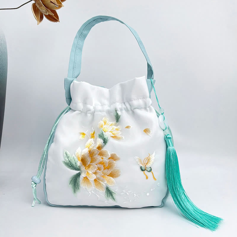 Buddha Stones Suzhou Embroidery Rabbit Lotus Epiphyllum Peony Magnolia Silk Tote Crossbody Bag Shoulder Bag Handbag - Light Green Golden Peony 20*20*7cm - image 8