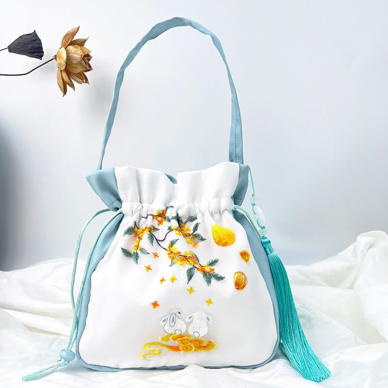 Buddha Stones Suzhou Embroidery Rabbit Lotus Epiphyllum Peony Magnolia Silk Tote Crossbody Bag Shoulder Bag Handbag - Light Green Osmanthus Rabbit 20*20*7cm - image 9
