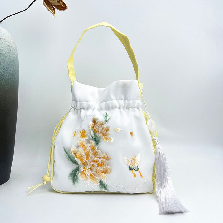 Buddha Stones Suzhou Embroidery Rabbit Lotus Epiphyllum Peony Magnolia Silk Tote Crossbody Bag Shoulder Bag Handbag - Yellow Golden Peony 20*20*7cm - image 24