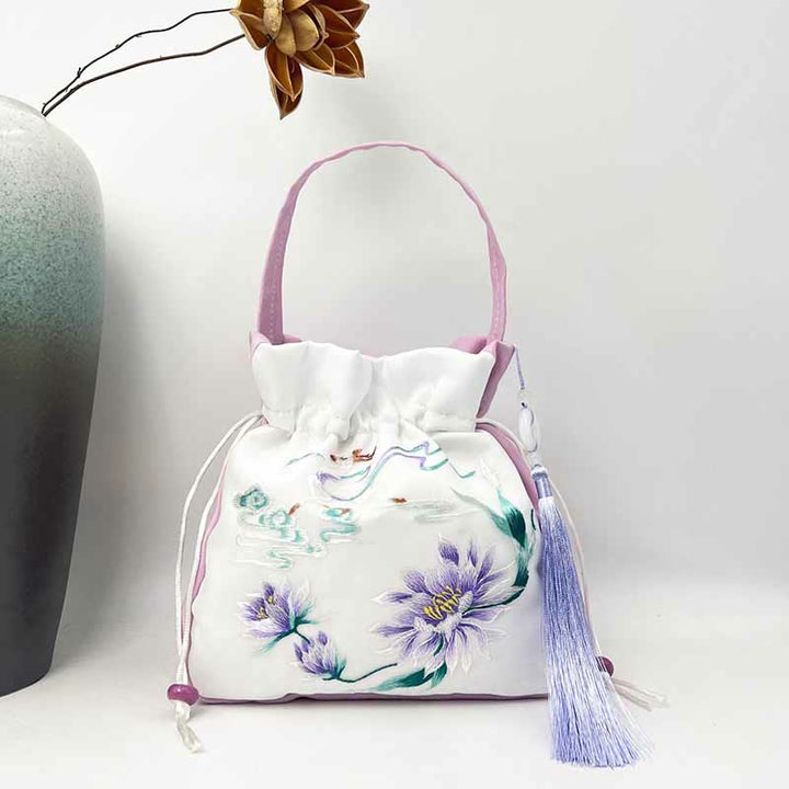 Buddha Stones Suzhou Embroidery Rabbit Lotus Epiphyllum Peony Magnolia Silk Tote Crossbody Bag Shoulder Bag Handbag - Light Purple Lotus Fairy Deer 20*20*7cm - image 34