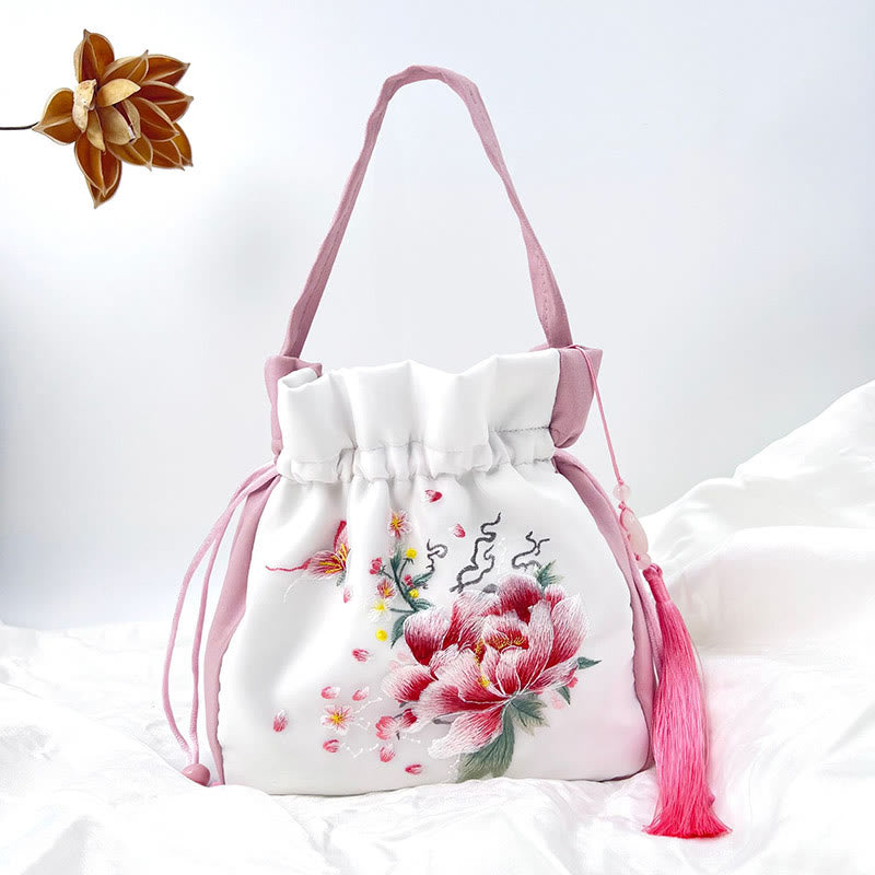 Buddha Stones Suzhou Embroidery Rabbit Lotus Epiphyllum Peony Magnolia Silk Tote Crossbody Bag Shoulder Bag Handbag - Light Pink White Peony 20*20*7cm - image 26