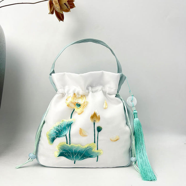 Buddha Stones Suzhou Embroidery Rabbit Lotus Epiphyllum Peony Magnolia Silk Tote Crossbody Bag Shoulder Bag Handbag - Light Green Lotus Fish 20*20*7cm - image 29