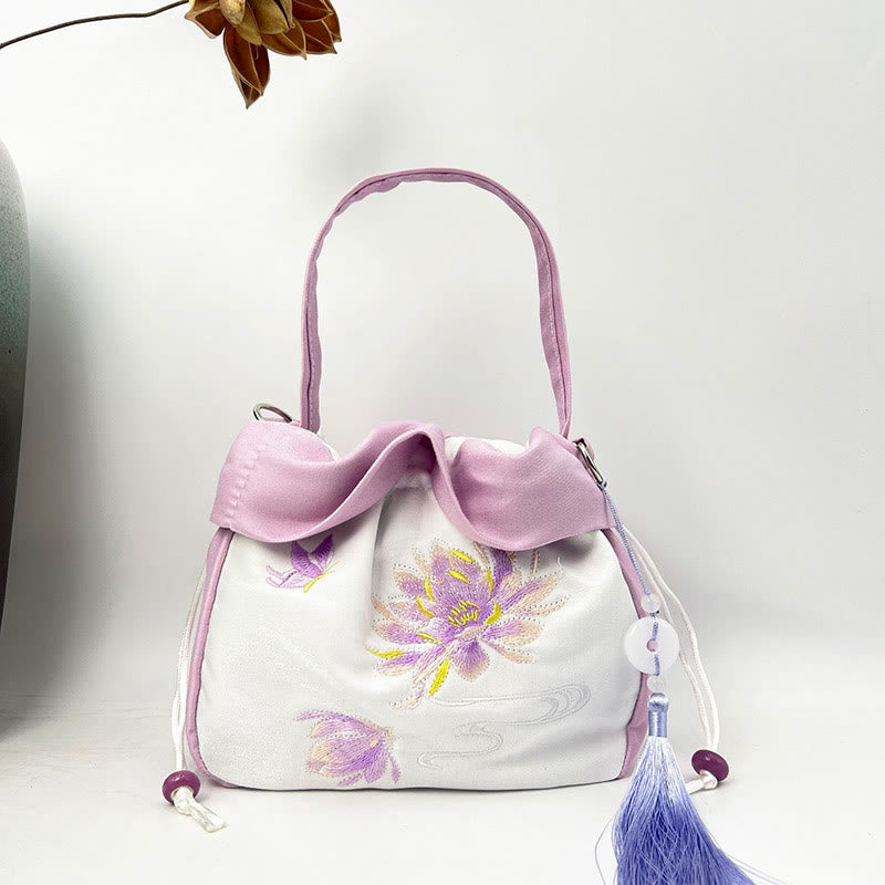 Buddha Stones Suzhou Embroidery Camellia Magnolia Peony Lotus Silk Tote Crossbody Bag Shoulder Bag Handbag - Light Purple Lotus 20*20*7cm - image 20