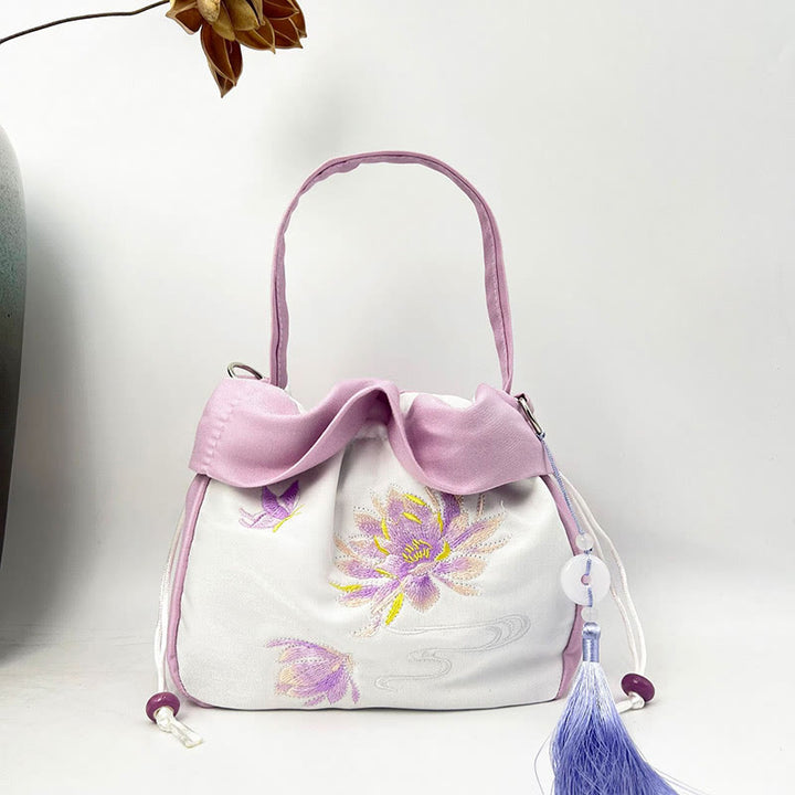 Buddha Stones Suzhou Embroidery Camellia Magnolia Peony Lotus Silk Tote Crossbody Bag Shoulder Bag Handbag - Light Purple Lotus 20*20*7cm - image 20