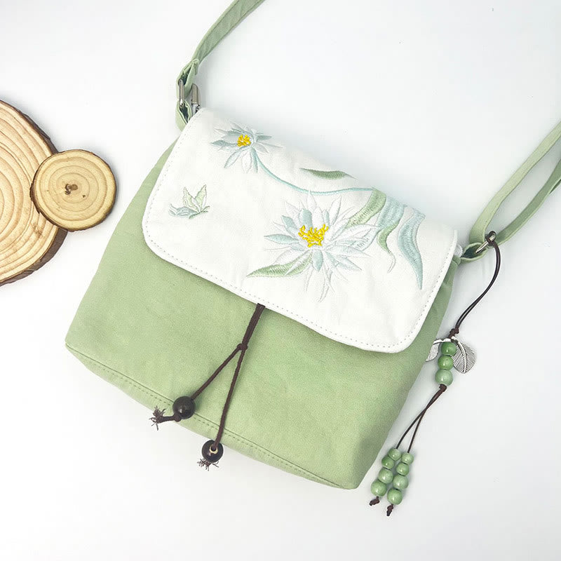 Buddha Stones Embroidered Camellia Epiphyllum Gardenia Sakura Flowers Crossbody Bag Shoulder Bag Cellphone Bag - Green Epiphyllum 20*16cm - image 6