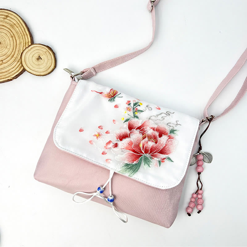 Buddha Stones Embroidered Camellia Epiphyllum Gardenia Sakura Flowers Crossbody Bag Shoulder Bag Cellphone Bag - Light Pink White Peony 23*19*3.5cm - image 47