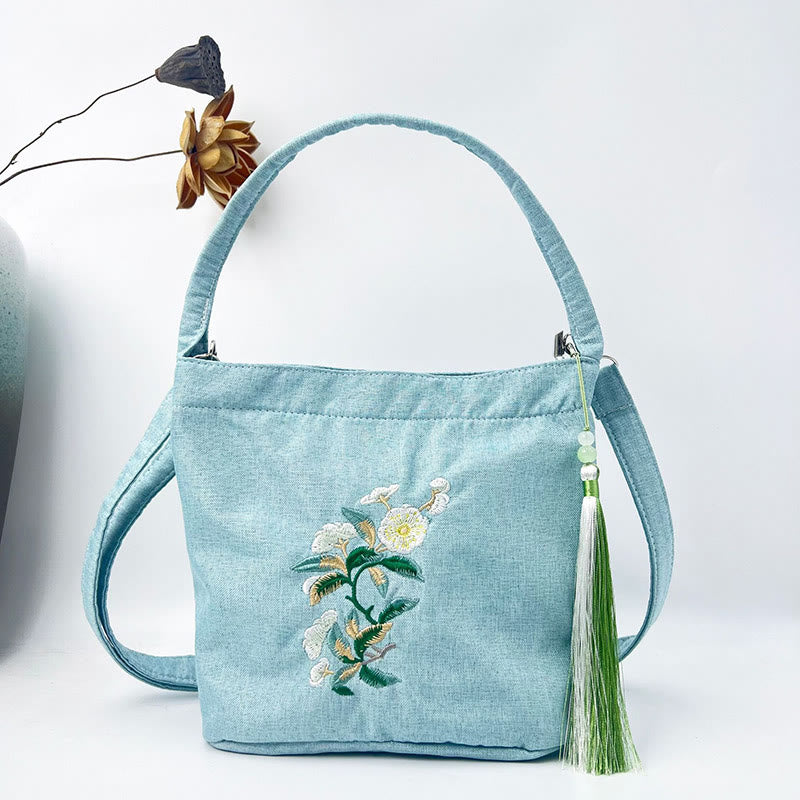 Buddha Stones Embroidery Wisteria Plum Lotus Cherry Blossom Cotton Linen Canvas Tote Crossbody Bag Shoulder Bag Handbag - Light Green White Plum 19*20*10cm - image 11