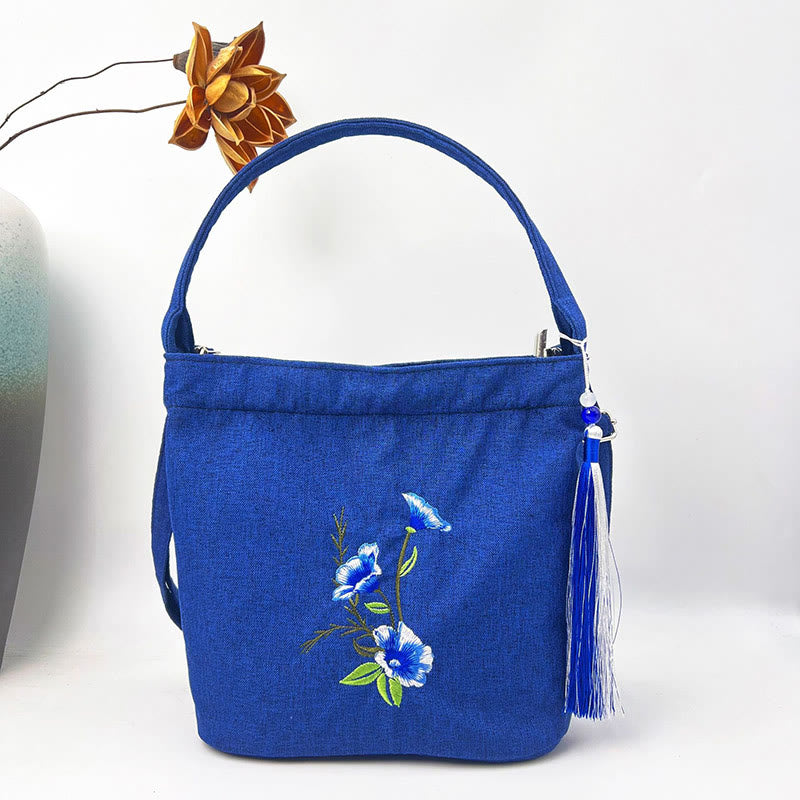 Buddha Stones Embroidery Wisteria Plum Lotus Cherry Blossom Cotton Linen Canvas Tote Crossbody Bag Shoulder Bag Handbag - Navy Morning Glory 19*20*10cm - image 20