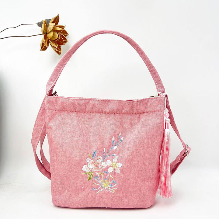 Buddha Stones Embroidery Wisteria Plum Lotus Cherry Blossom Cotton Linen Canvas Tote Crossbody Bag Shoulder Bag Handbag - Pink Peach Blossom 19*20*10cm - image 25