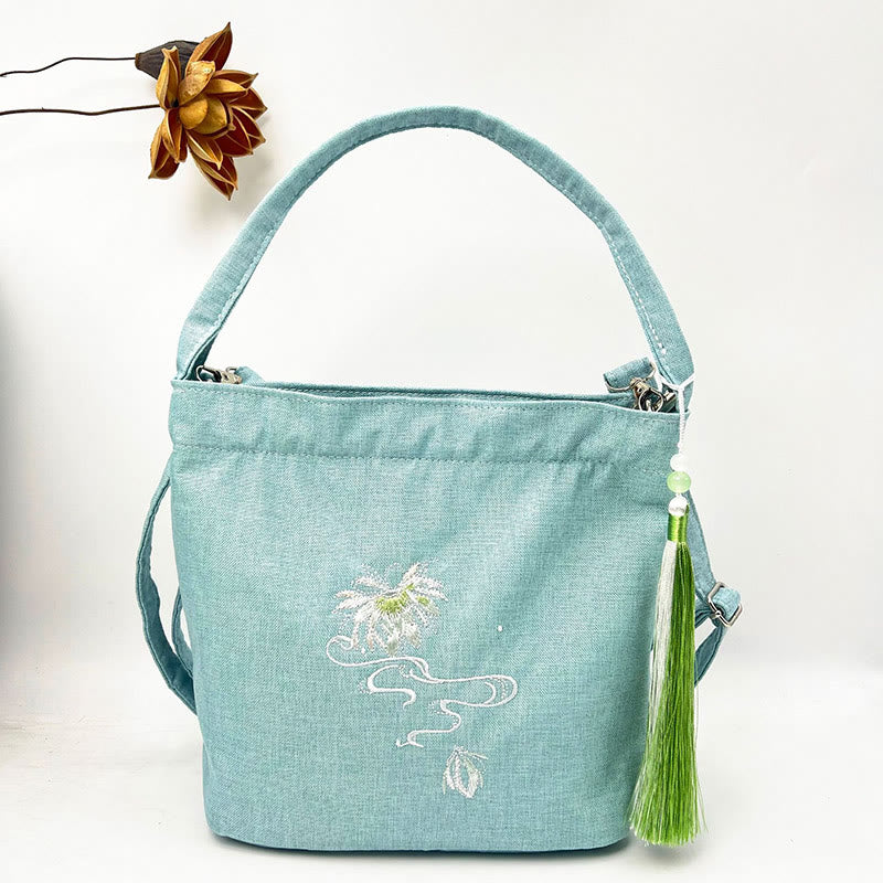Buddha Stones Embroidery Wisteria Plum Lotus Cherry Blossom Cotton Linen Canvas Tote Crossbody Bag Shoulder Bag Handbag - Light Green Lotus 19*20*10cm - image 28