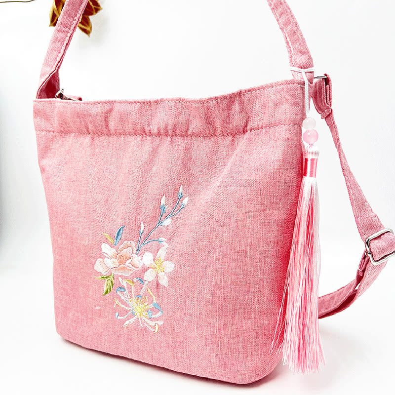 Buddha Stones Embroidery Wisteria Plum Lotus Cherry Blossom Cotton Linen Canvas Tote Crossbody Bag Shoulder Bag Handbag - image 27