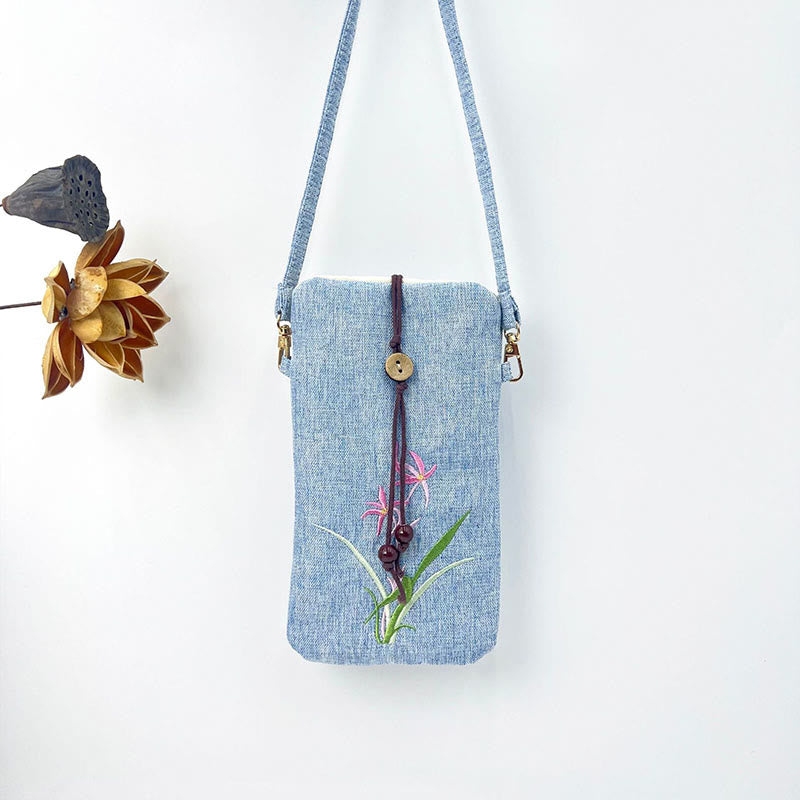 Buddha Stones Small Embroidered Flowers Crossbody Bag Shoulder Bag Cellphone Bag 11*20cm - Light Blue Orchid 11*20cm - image 24