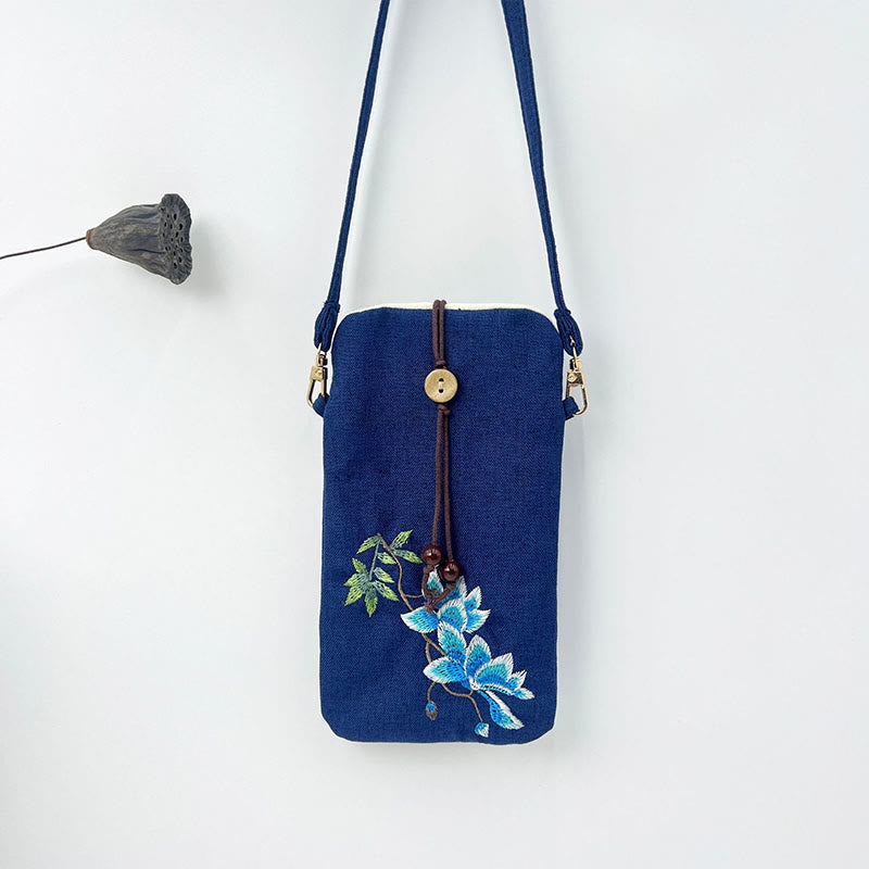 Buddha Stones Small Embroidered Flowers Crossbody Bag Shoulder Bag Cellphone Bag 11*20cm - Navy Blue Magnolia 11*20cm - image 28
