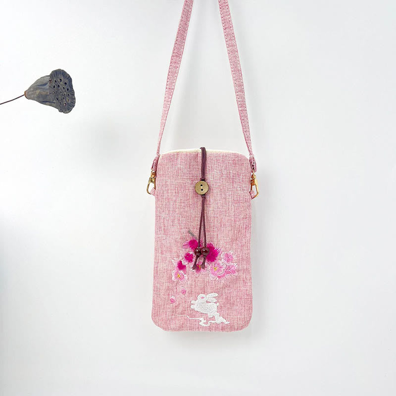 Buddha Stones Small Embroidered Flowers Crossbody Bag Shoulder Bag Cellphone Bag 11*20cm - Light Pink Cherry Blossom Rabbit 11*20cm - image 34