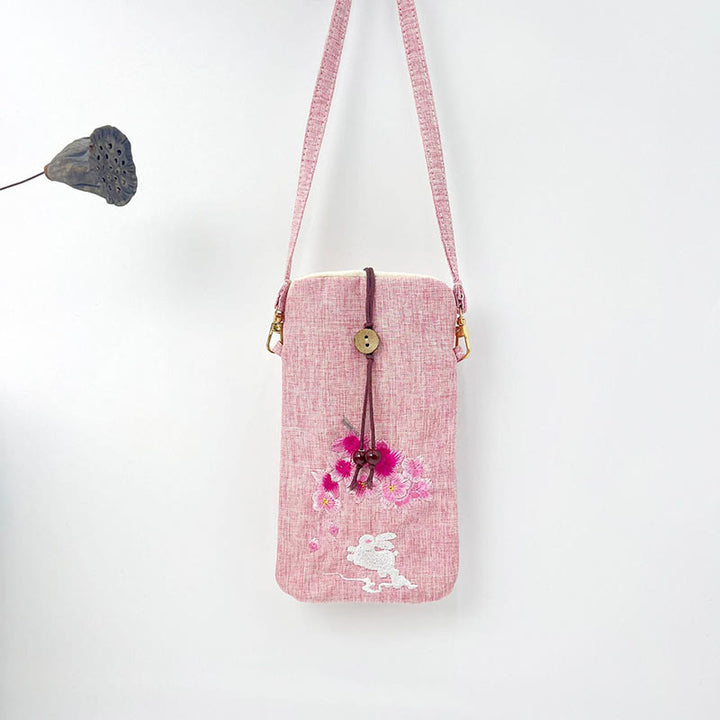 Buddha Stones Small Embroidered Flowers Crossbody Bag Shoulder Bag Cellphone Bag 11*20cm - Light Pink Cherry Blossom Rabbit 11*20cm - image 34