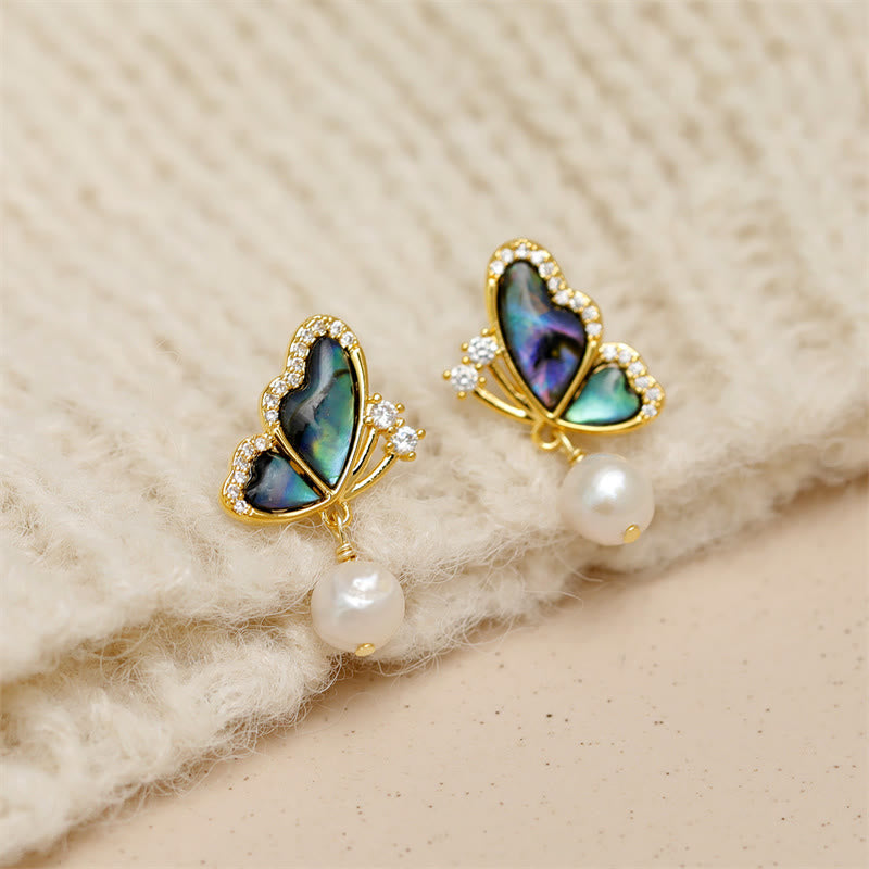 Buddha Stones 18K Gold Plated Copper Pearl Butterfly Love Stud Earrings - image 1