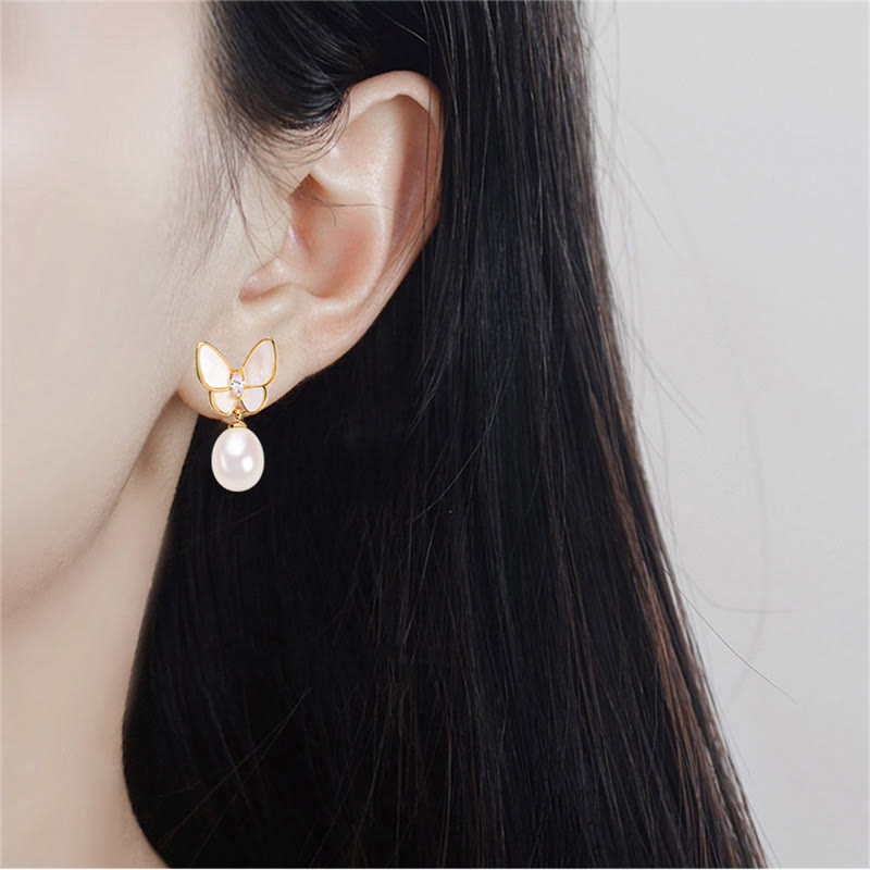 Buddha Stones 925 Sterling Silver Posts 18K Gold Plated Copper Pearl Butterfly Optimism Stud Earrings - image 7