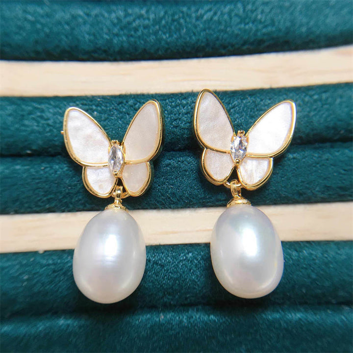 Buddha Stones 925 Sterling Silver Posts 18K Gold Plated Copper Pearl Butterfly Optimism Stud Earrings - Pearl Butterfly(925 Sterling Silver Posts) - image 0