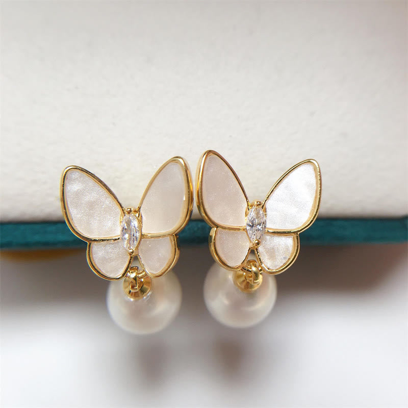 Buddha Stones 925 Sterling Silver Posts 18K Gold Plated Copper Pearl Butterfly Optimism Stud Earrings - image 2