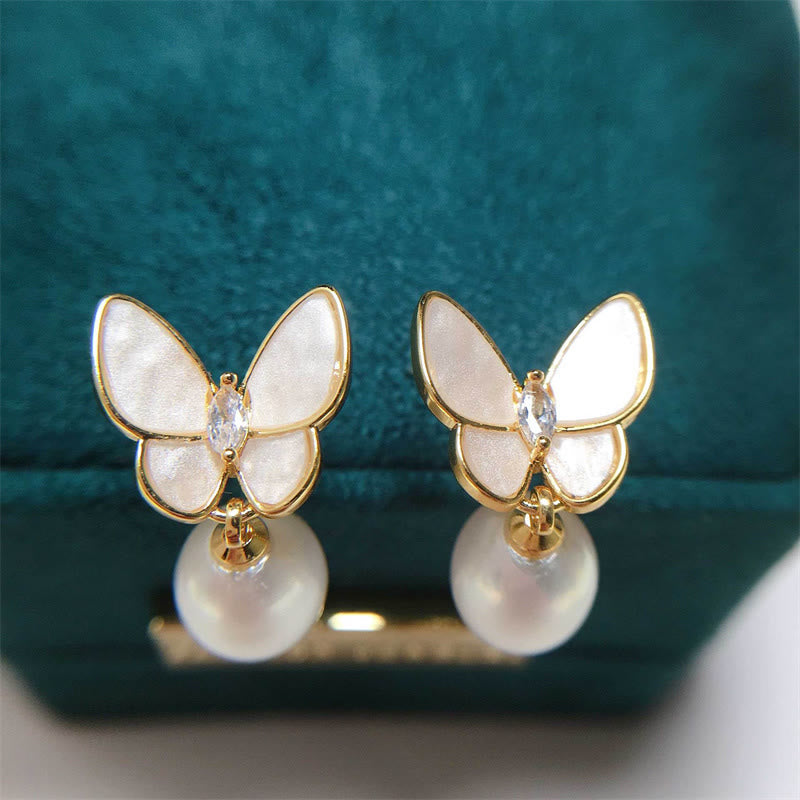 Buddha Stones 925 Sterling Silver Posts 18K Gold Plated Copper Pearl Butterfly Optimism Stud Earrings - image 4