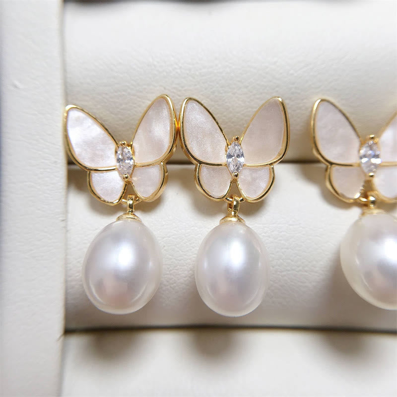 Buddha Stones 925 Sterling Silver Posts 18K Gold Plated Copper Pearl Butterfly Optimism Stud Earrings - image 5