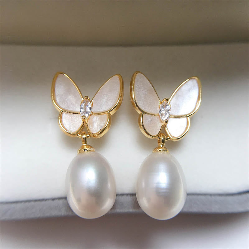 Buddha Stones 925 Sterling Silver Posts 18K Gold Plated Copper Pearl Butterfly Optimism Stud Earrings - image 1