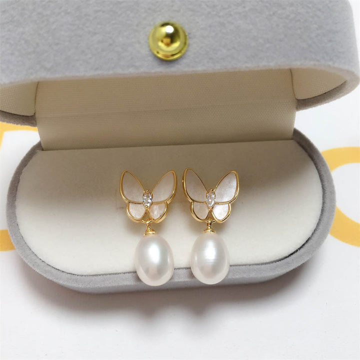 Buddha Stones 925 Sterling Silver Posts 18K Gold Plated Copper Pearl Butterfly Optimism Stud Earrings - image 3