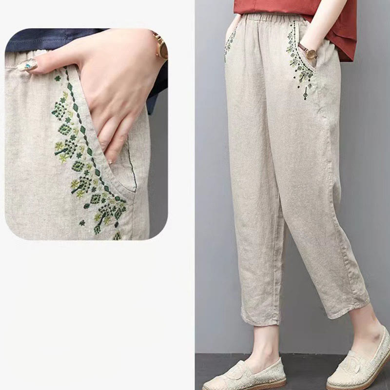 Buddha Stones Vintage Embroidery Elastic Waist Capri Harem Pants With Pockets - image 21