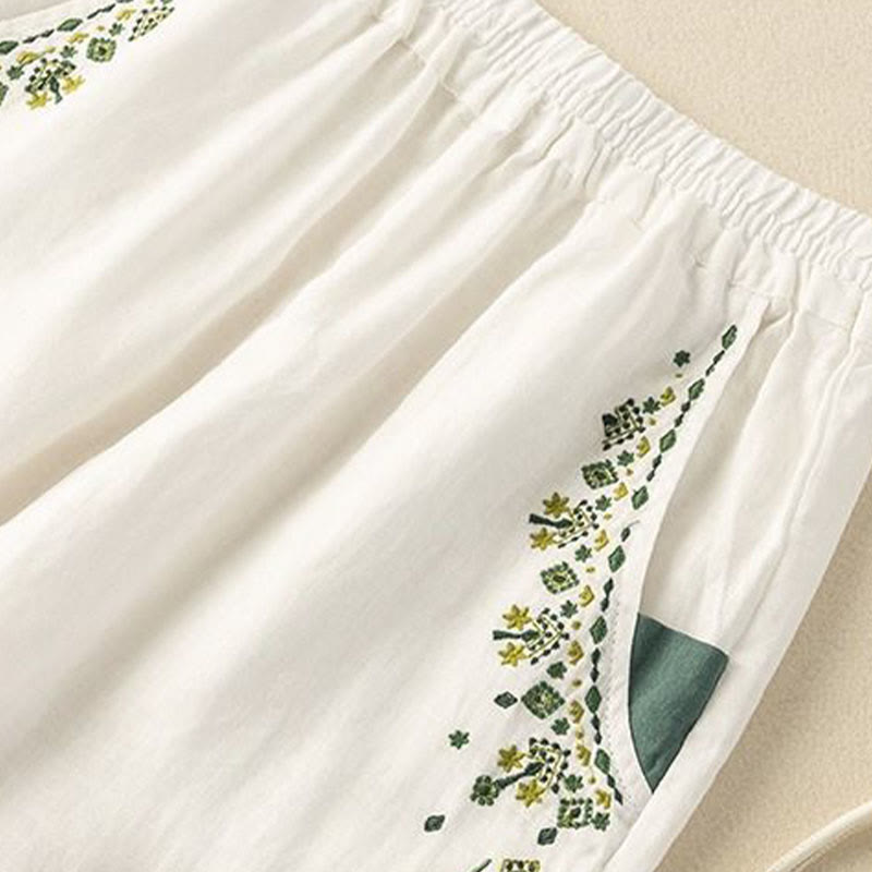 Buddha Stones Vintage Embroidery Elastic Waist Capri Harem Pants With Pockets - image 5