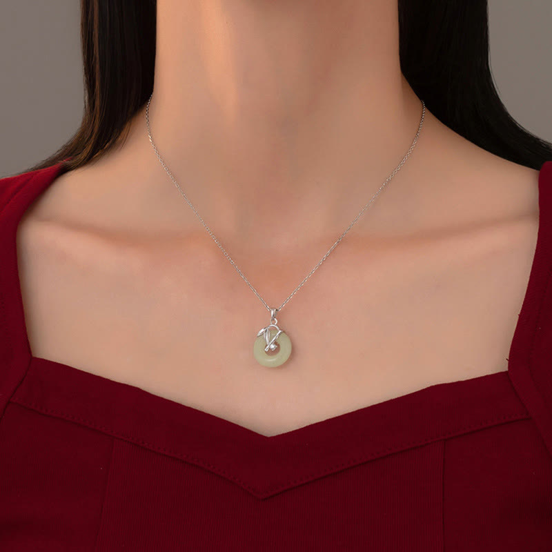 Buddha Stones 925 Sterling Silver Hetian Jade Bamboo Leaf Peace Buckle Prosperity Necklace Pendant - image 4