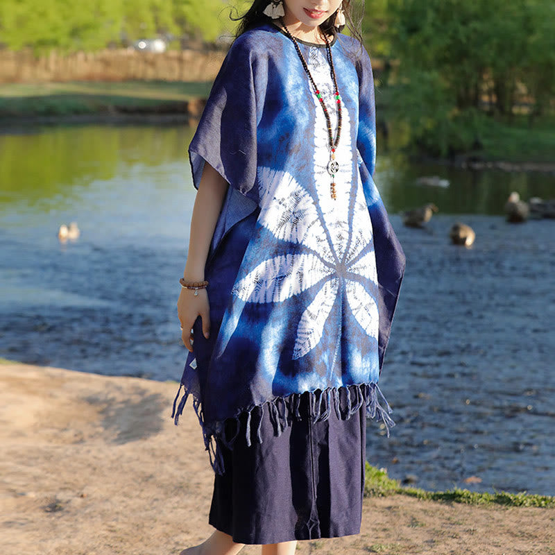 Buddha Stones Blue Batik Shawl Tassels Maple Leaf Cozy Travel Pullover 95*90cm - image 7