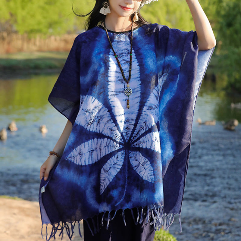 Buddha Stones Blue Batik Shawl Tassels Maple Leaf Cozy Travel Pullover 95*90cm - image 1