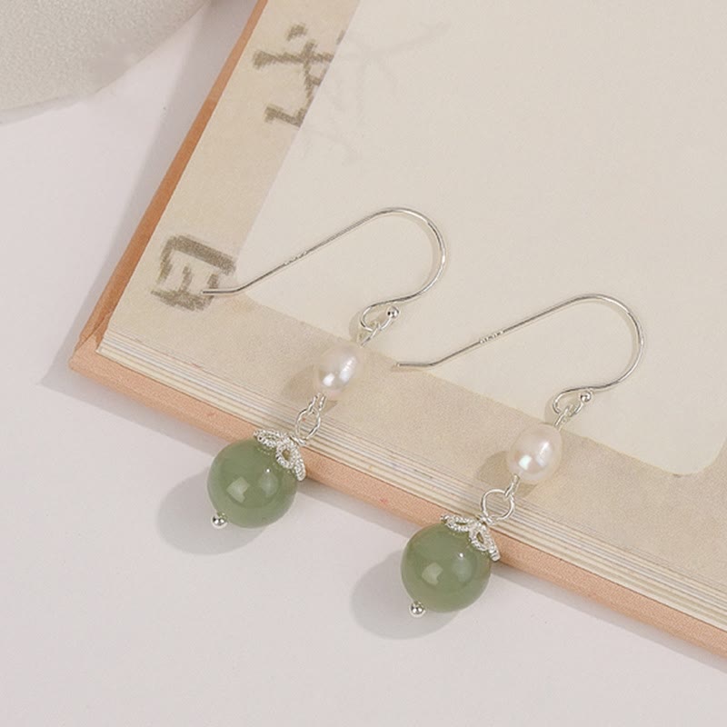 Buddha Stones 925 Sterling Silver Natural Pearl Jade Wisdom Earrings - image 0