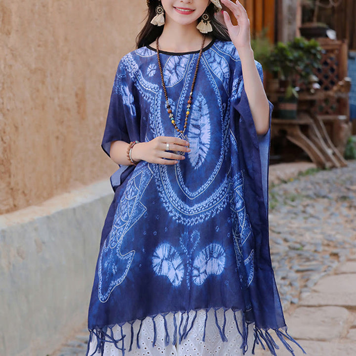 Buddha Stones Blue Geometry Batik Shawl Tassels Cozy Travel Pullover 90*95cm - image 8