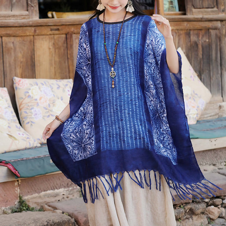 Buddha Stones Blue Geometric Stripes Batik Shawl Tassels Cozy Travel Pullover 90*95cm - Blue Geometric Stripes 90*95cm - image 0