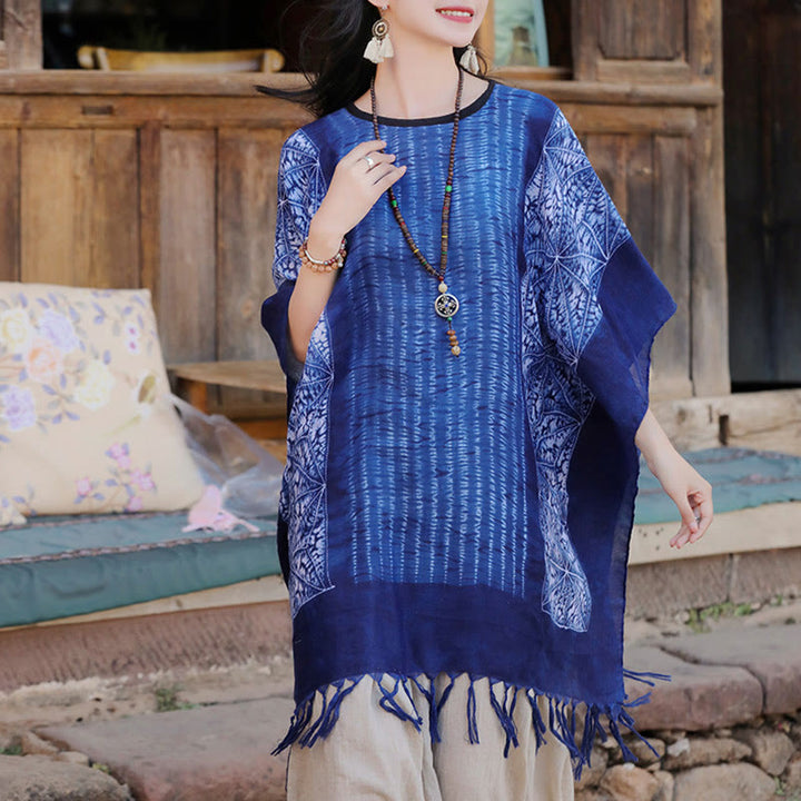 Buddha Stones Blue Geometric Stripes Batik Shawl Tassels Cozy Travel Pullover 90*95cm - image 6