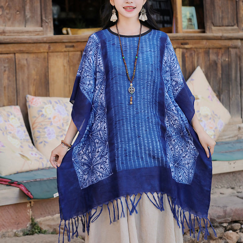 Buddha Stones Blue Geometric Stripes Batik Shawl Tassels Cozy Travel Pullover 90*95cm - image 2