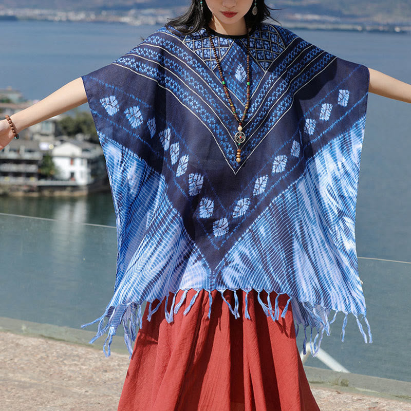 Buddha Stones Blue Triangle Stripes Batik Shawl Soft Pullover 90*95cm - image 9