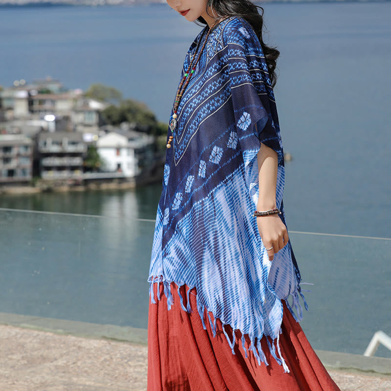 Buddha Stones Blue Triangle Stripes Batik Shawl Soft Pullover 90*95cm - image 2