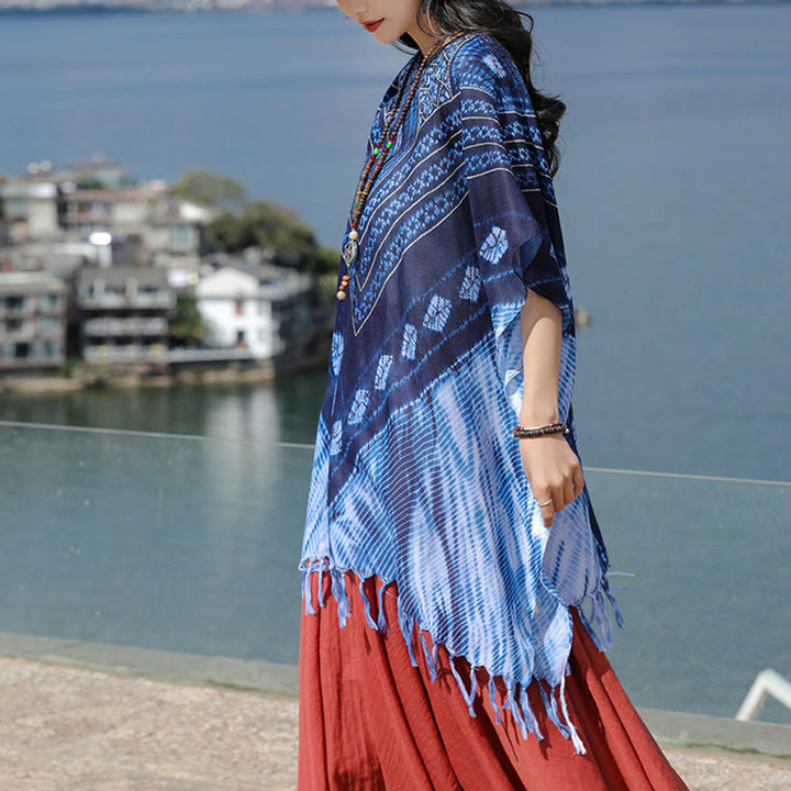 Buddha Stones Blue Triangle Stripes Batik Shawl Soft Pullover 90*95cm - image 2