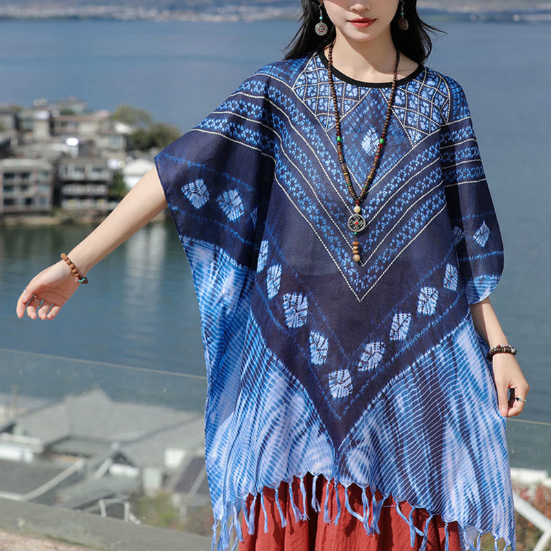 Buddha Stones Blue Triangle Stripes Batik Shawl Soft Pullover 90*95cm - image 4