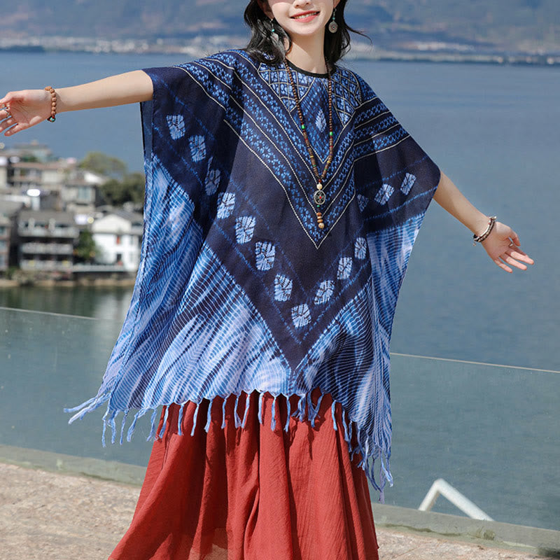 Buddha Stones Blue Triangle Stripes Batik Shawl Soft Pullover 90*95cm - image 10