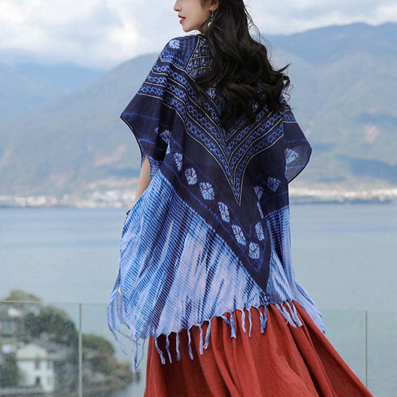 Buddha Stones Blue Triangle Stripes Batik Shawl Soft Pullover 90*95cm - image 3