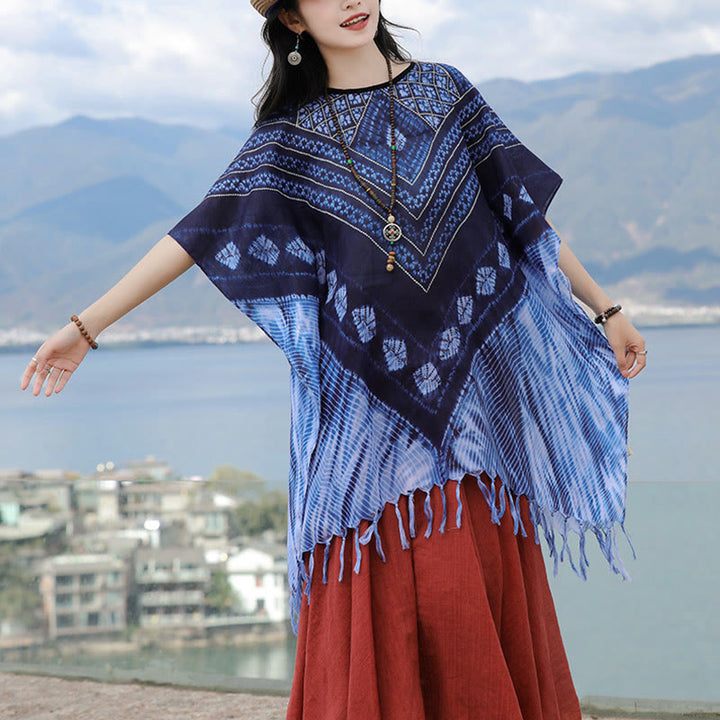 Buddha Stones Blue Triangle Stripes Batik Shawl Soft Pullover 90*95cm - image 5