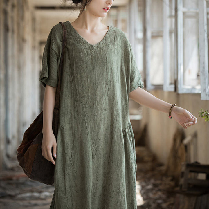 Buddha Stones Handmade Tie Dye V-Neck Midi Dress Linen Short Sleeve Dress - image 1